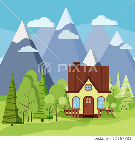 Spring or summer mountains landscape with rural farm house, fences, chimney. 57567732