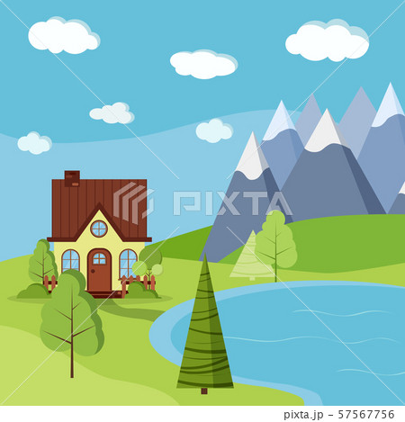 Summer or spring landscape scene with country farm house with chimney. 57567756