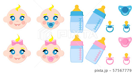Vector set of children faces icons, baby bottles with milk, pacifiers, baby dummies, blonde boy and 57567779