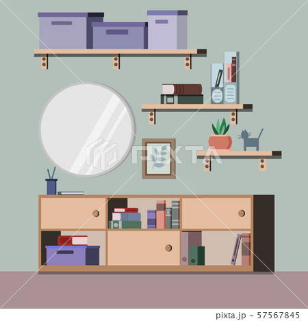 Living room interior background with rack, mirror, plant, books, folders, picture in flat style. Living room interior background with rack, mirror, plant, books, folders, picture in flat style. 57567845