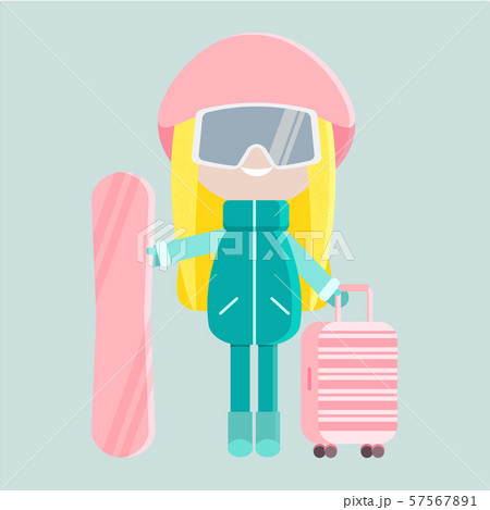 Isolated happy young blonde girl in warm clothes with snowbording glasses, a pink helmet, a 57567891