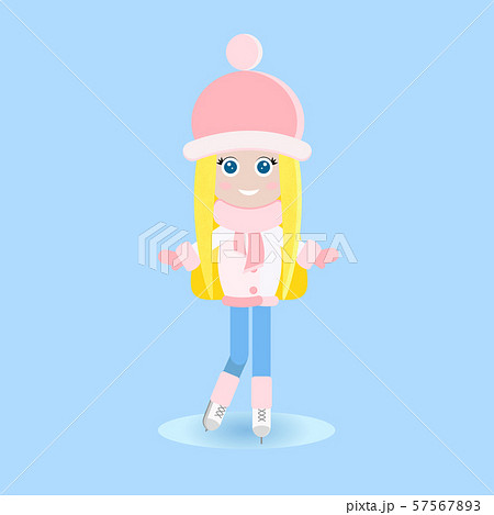Isolated happy young blonde girl in warm clothes iice skating on the rink in flat style. 57567893