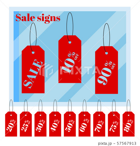 Set of isolated red iscount price labels tags on white background with cartoon flat shop window. 57567913