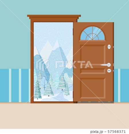 Wooden open door with frame in cartoon flat style. 57568371