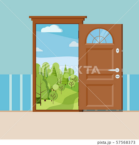 Cartoon summer or spring forest landscape wood door view. 57568373