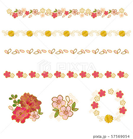 和柄 花 金 フレーム 桜 梅 牡丹のイラスト素材