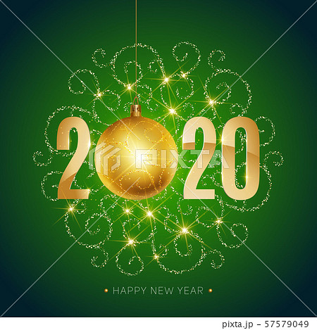 2020, Happy New Year, gold. Greeting card with golden text 2020 with christmas ball. Background 57579049