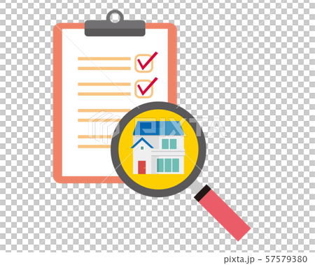 Magnifying glass house clipboard checkmark binder estimate assessment 57579380