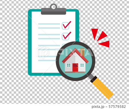Magnifying glass house clipboard checkmark binder estimate assessment 57579382