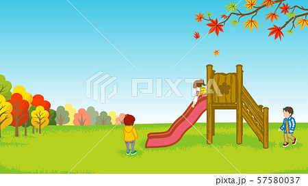 秋の公園 滑り台で遊ぶ子供達のイラスト素材