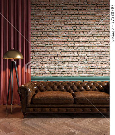 Loft interior with brick wall, sofa, floor lamp, wooden floor. 57588797
