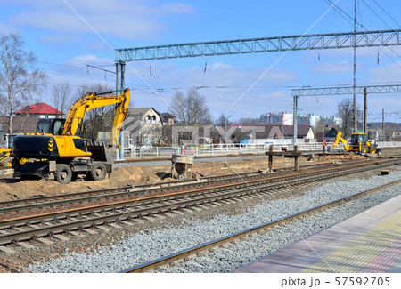 excavator on railway construction 57592705
