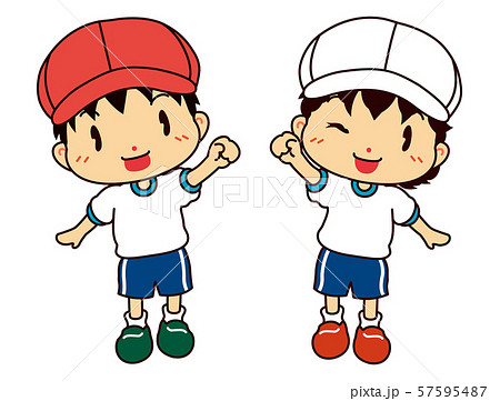 赤白帽と体操服姿のかわいい男の子と女の子のイラスト素材