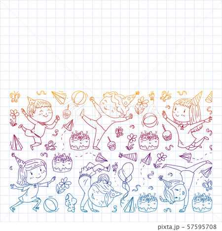 Vector pattern with kindergarten, toy children. Happy children illustration. Gradient drawing on a Vector pattern with kindergarten, toy children. Happy children illustration. Gradient drawing on a 57595708