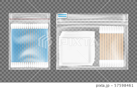 Cotton buds and cotton pads packed in plastic bags isolated on transparent background. 57598461