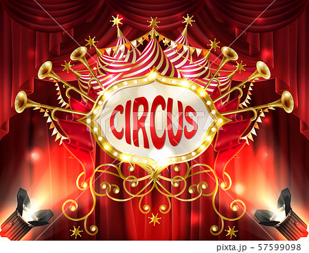 banner with circus signboard and curtains 57599098