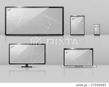 different broken screens - notebook, smartphone, TV. 57599485