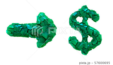 Symbol collection arrow and dollar made of 3d render plastic shards green color. Collection of Symbol collection arrow and dollar made of 3d render plastic shards green color. Collection of 57600695