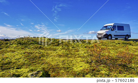The Beautiful panorama view of blue sky and eldhraun lava field. The Green moss covered lava rock. 57602186