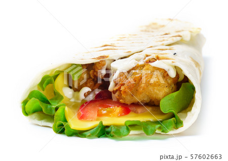 Grilled chicken roll with vegetables on white background 57602663