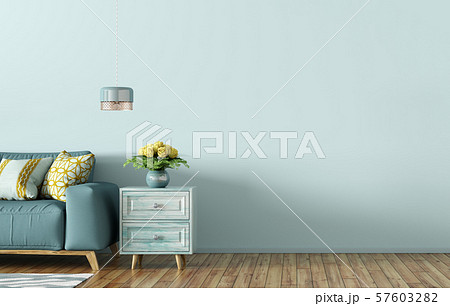 Interior of living room with blue sofa and chest 57603282