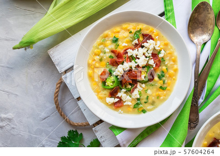 Corn soup with bacon, jalapeno and goat cheese Corn soup with bacon, jalapeno and goat cheese 57604264