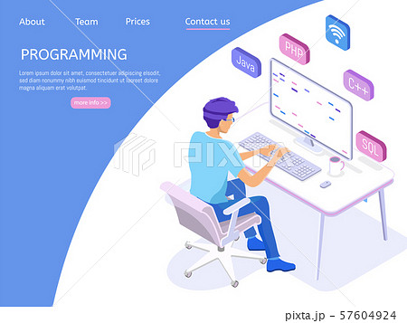 Programmer isometric character. Programming concept, web engineer at work. 57604924