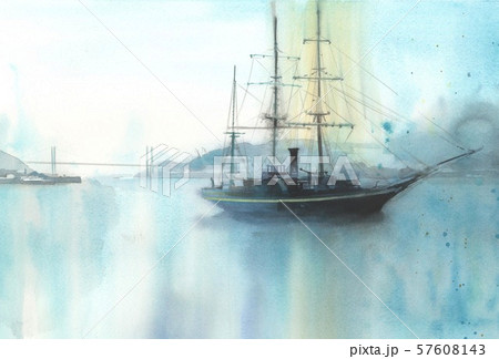 水彩画　船 警戒船 水彩画 手描き 原画 船 海 絵画 SHOGO 通販 16566874