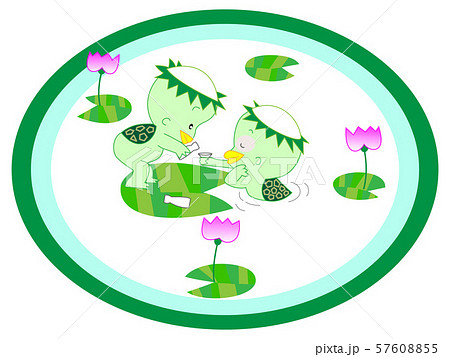 梅雨の池に集まる植物や動物のタイトルフレーム のイラスト素材
