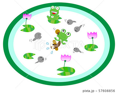 梅雨の池に集まる植物や動物のタイトルフレーム のイラスト素材