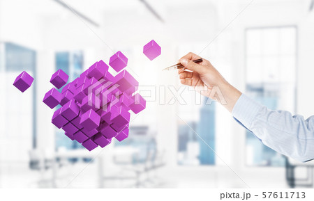 Integrating new technologies concept with cube figure floating in air. Mixed media Integrating new technologies concept with cube figure floating in air. Mixed media 57611713