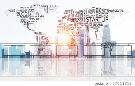 Concept of global communication and networking with world map over cityscape 57611715
