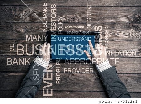 Hands of businesswoman using tablet pc and business conceptual words Hands of businesswoman using tablet pc and business conceptual words 57612231