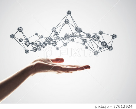 Wireless connection presented by lines and dots in human hand 57612924