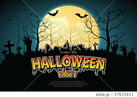 Zombie hands rising in dark Halloween night  Spooky forest with full moon and grave. 57615911