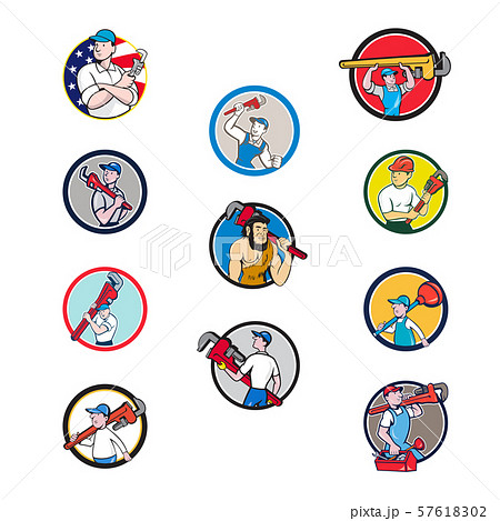 Plumber Mascot Circle Cartoon Set 57618302