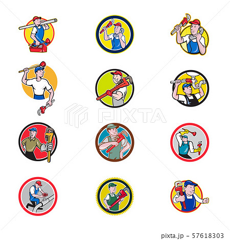Plumber Mascot Circle Cartoon Set Plumber Mascot Circle Cartoon Set 57618303
