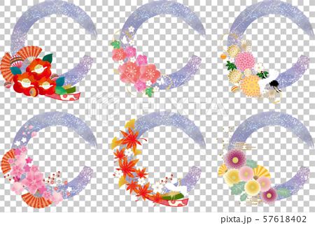 水彩 フレーム 枠 花 椿 桜 梅 紅葉 菊 鶴 お正月 飾り枠 筆 扇子 枠 手描き 手毬のイラスト素材