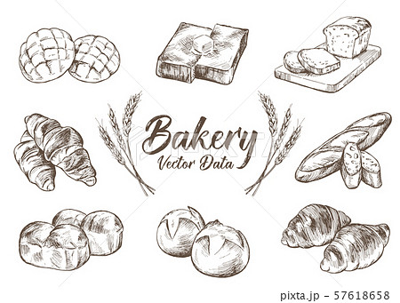 手描きイラスト素材 パン ベーカリーセット コレクションのイラスト素材