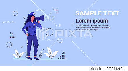 female police officer yelling through megaphone policewoman in uniform using loudspeaker security 57618964