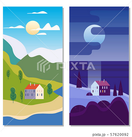 Autumn landscape sea ocean buildings, hills and trees mountains lake sun in trendy minimal geometric Autumn landscape sea ocean buildings, hills and trees mountains lake sun in trendy minimal geometric 57620092