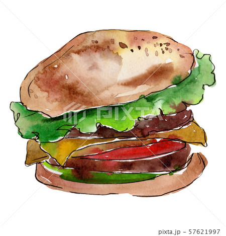 Hamburger fast food isolated. Watercolor background illustration set. Isolated snack illustration Hamburger fast food isolated. Watercolor background illustration set. Isolated snack illustration 57621997