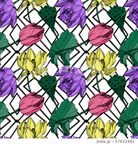 Vector Lotus floral botanical flower. Black and white engraved ink art. Seamless background pattern. 57622483