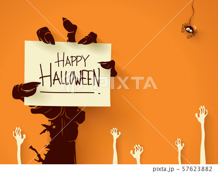 Zombie hand with card. 57623882