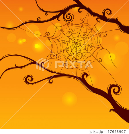 Spooky spider web hanging on tree in curvy style with cheerful background. Spooky spider web hanging on tree in curvy style with cheerful background. 57623907