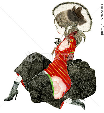 花柄の赤い袴を着た 少女のイラスト 大正ロマン ハイカラ のイラスト素材