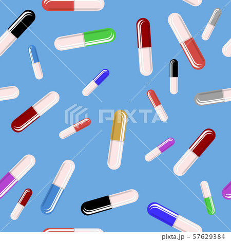 Colorful Pills Blisters Seamless Pattern on Blue Background 57629384