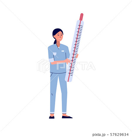 Female doctor holding giant thermometer - flat isolated cartoon character Female doctor holding giant thermometer - flat isolated cartoon character 57629634