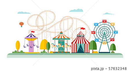 Amusement park attractions and rides vector flat illustrations isolated on white. 57632348