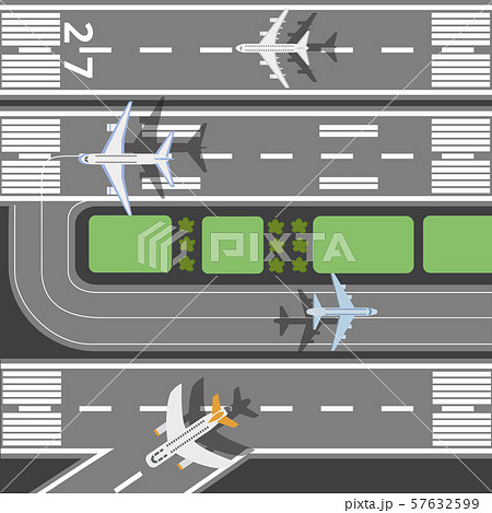 Airplanes on the runway of airport takeoff field flat vector illustration. 57632599